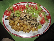 Garlic barbecued Kingfish with potatoes and salad